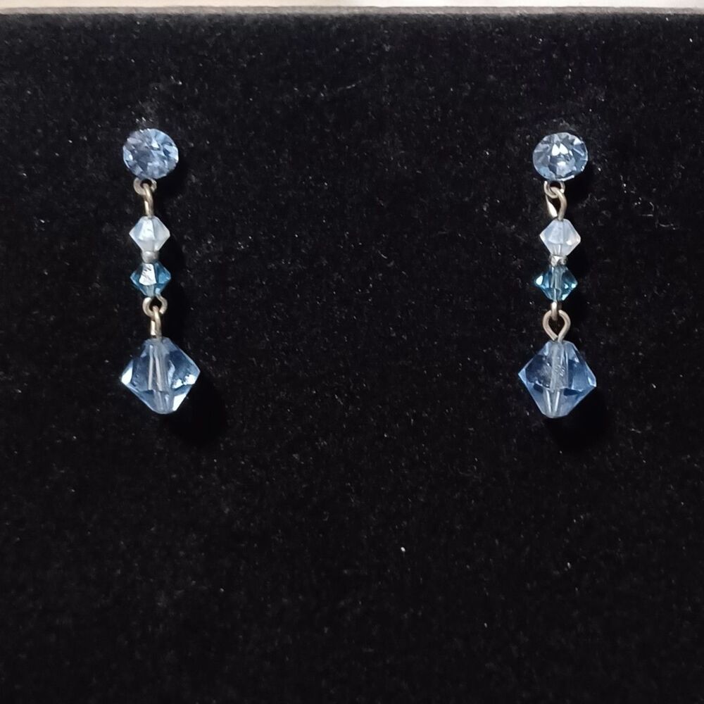 Vintage Silver-Toned Blue Beaded Dangle Earrings
